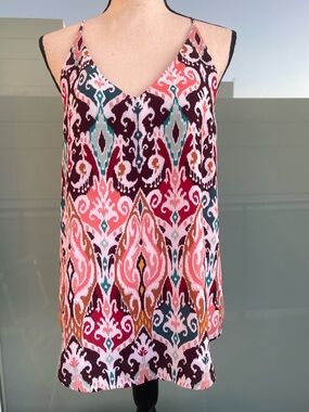 LOFT Outlet Racerback Multicolor Printed Blouse with Pink & Teal Accents Medium